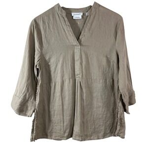 Calligraphie Women's Top Khaki 100% Linen 3/4 Sleeves V Neck Tunic Blouse Size S